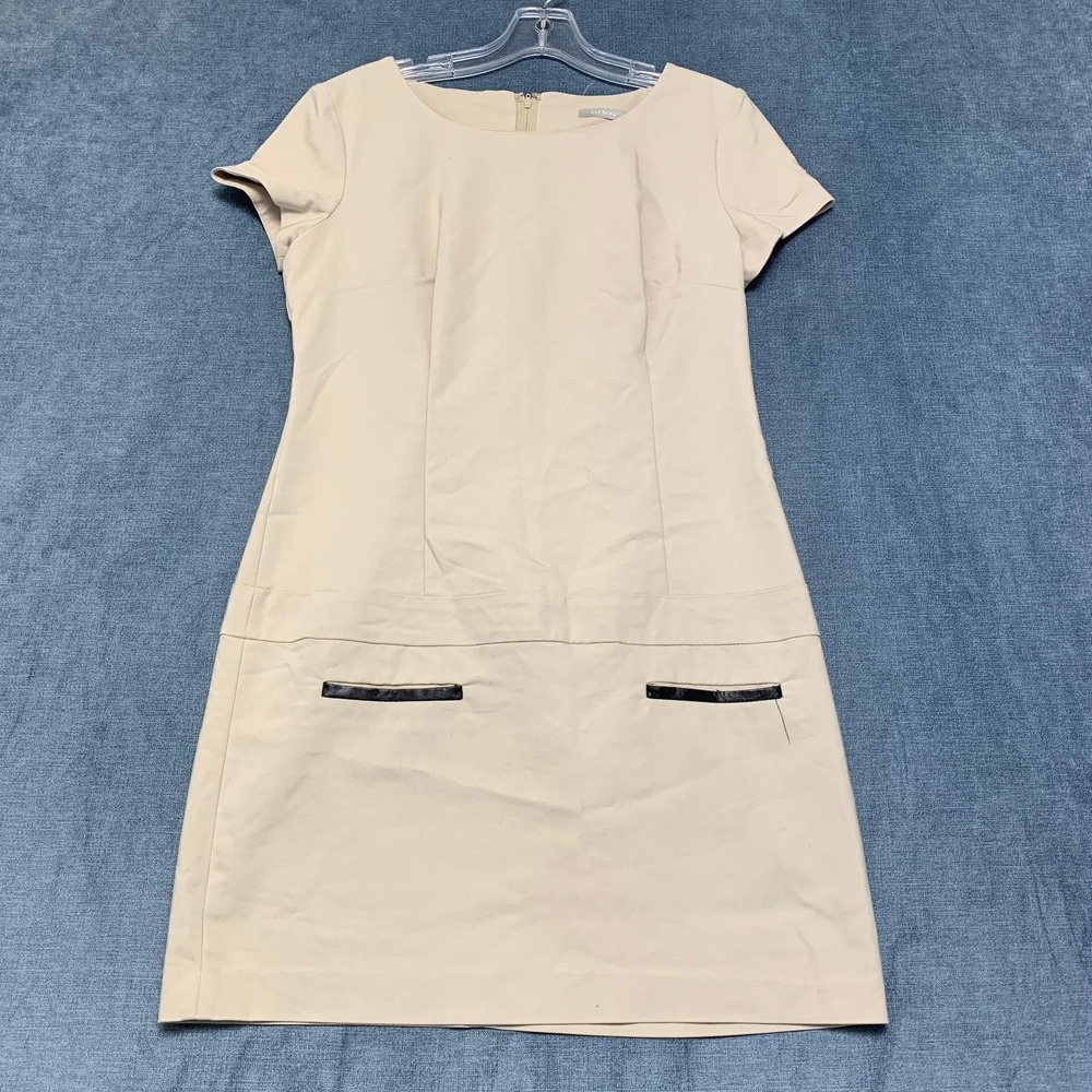 Orsay Shift Dress Womens 38 Beige Pleated Front Back Zip Cap Sleeve Cocktail